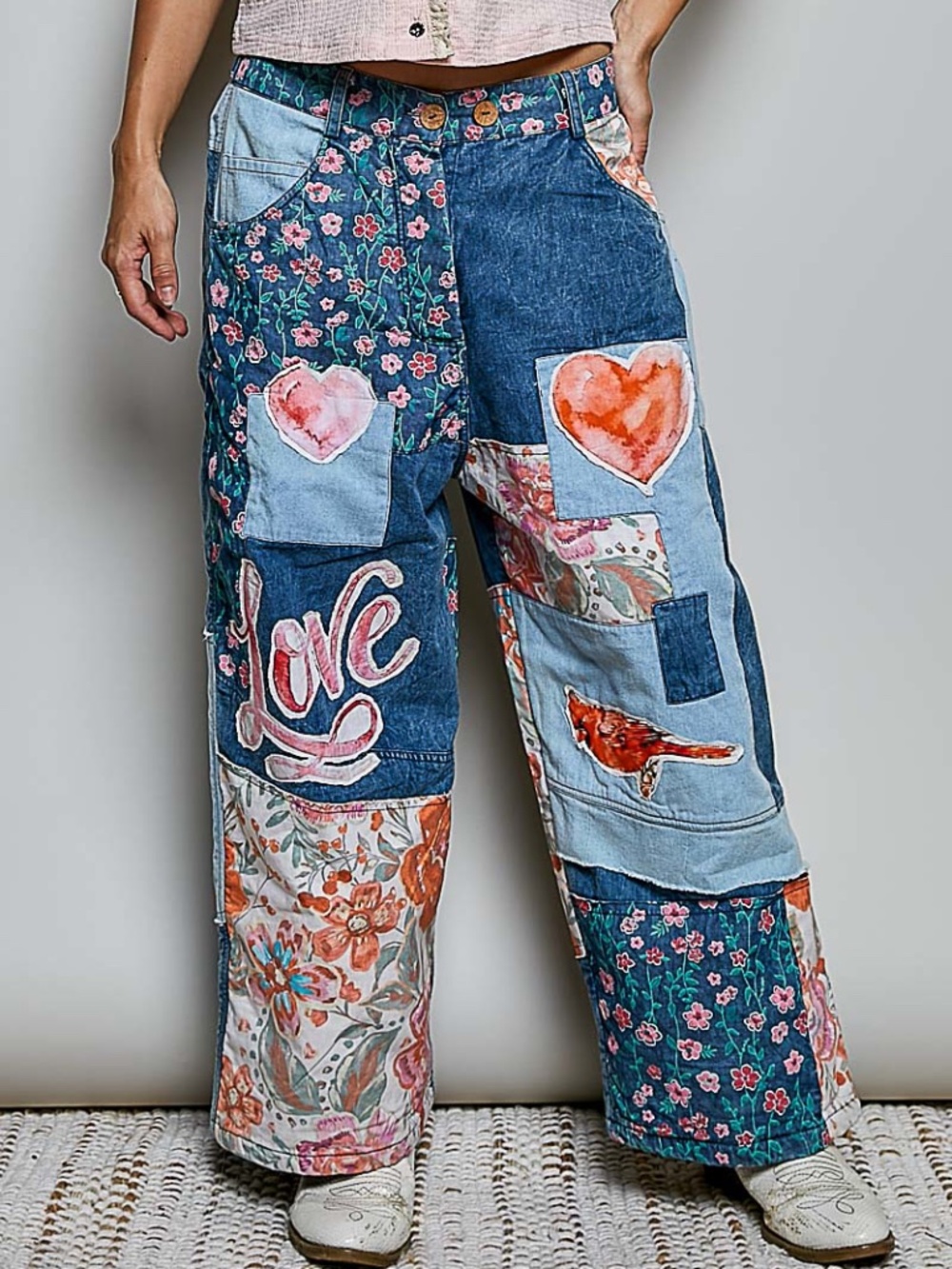 POL Denim Stretchy Waist Heart Birds Love Graphic Patchwork Wide leg Pants